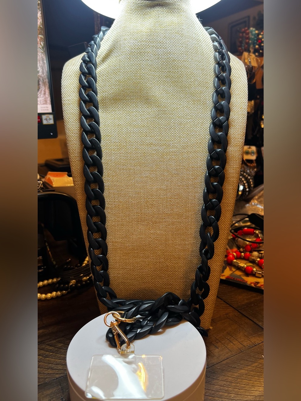 Black Matte Chain Lanyard Necklace with Gold Clip and cell phone holder